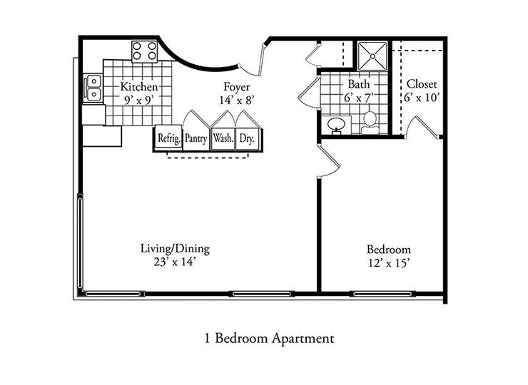 Aspen 1 bedroom, 1.5 bath floor plan.