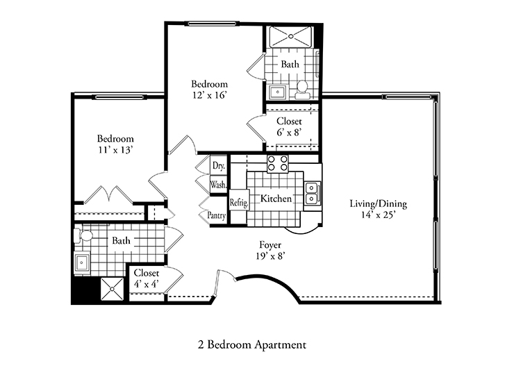 Aspen 1 bedroom, 1.5 bath floor plan.