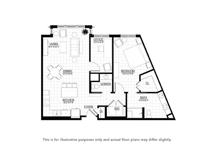 Aspen 1 bedroom, 1.5 bath floor plan.