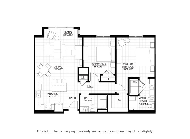 Poplar 2 bed, 2 bath floor plan.