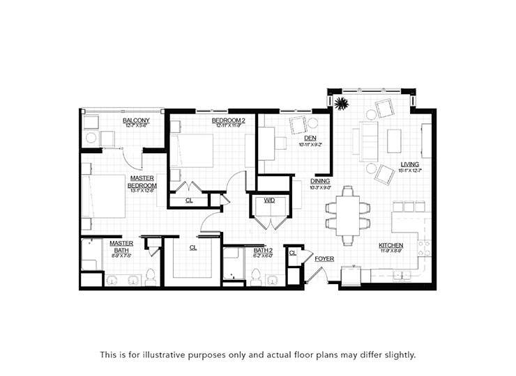 Walnut 2 bedroom, 2 bath with a den and balcony floor plan.